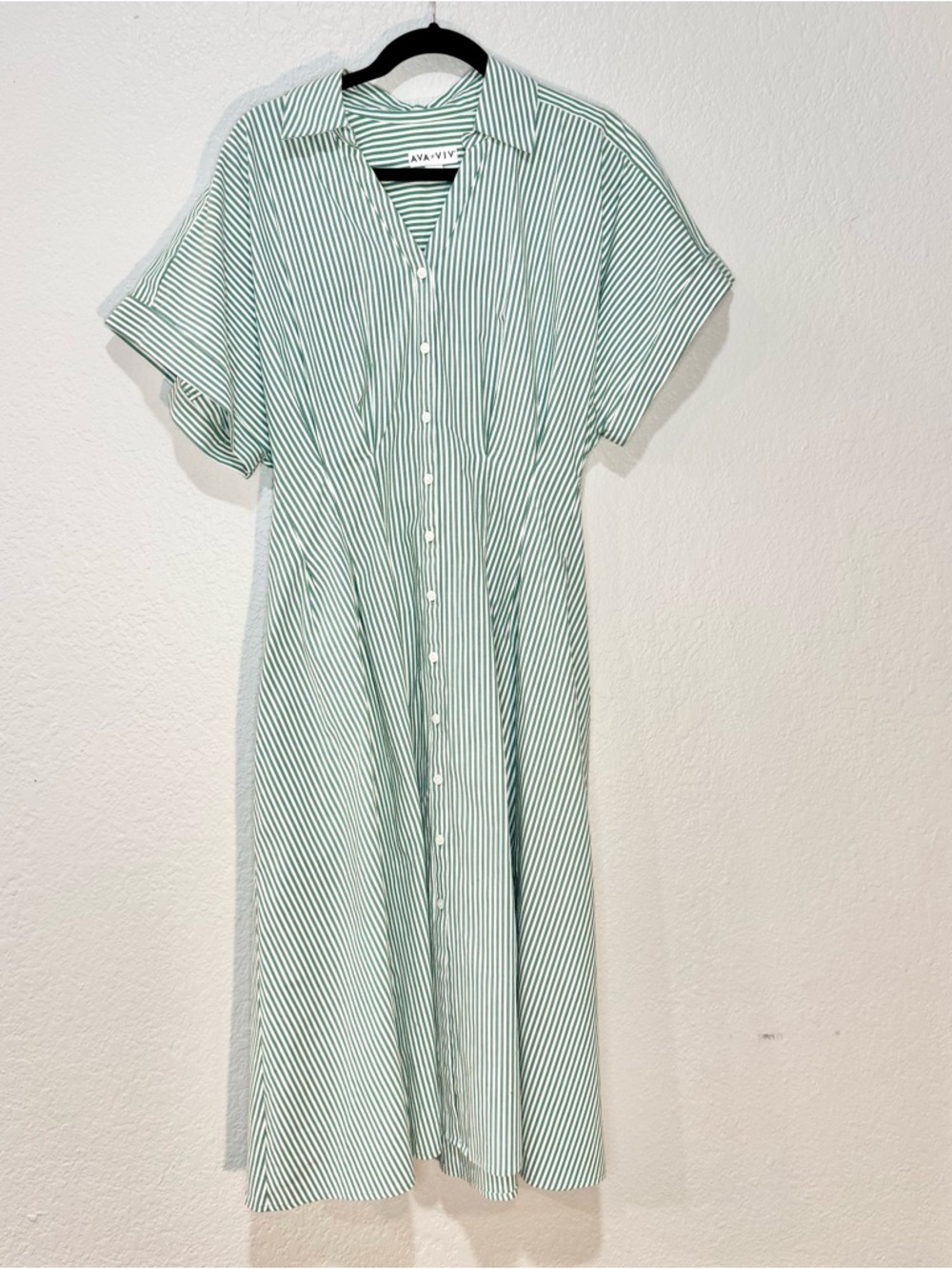 Ava & Viv Green and White Striped Button-Front Midi Dress